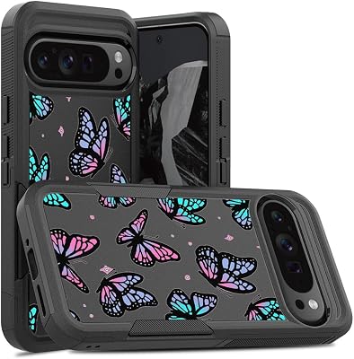 Phone Case for Pixel 9 Pro XL Butterfly Google Pixel 9 Pro XL Case 2024 2 in 1 Heavy Duty Anti-Scratched Silicone Slim Covers