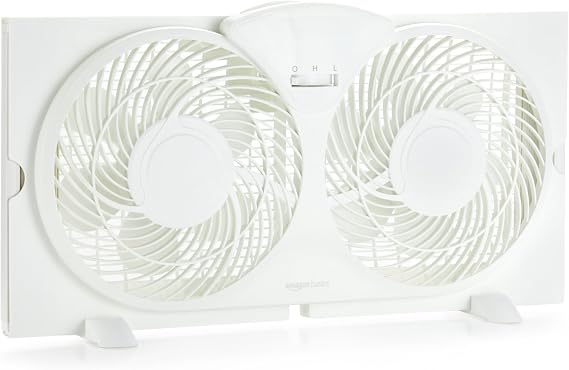 Amazon Basics Twin Window Fan for Home Bedroom, 9 inch, Reversible Airflow, Exhaust Mode, Expandable Side Panels, Width Adjustable, 2 Speeds, Air Circulation, 68W, White