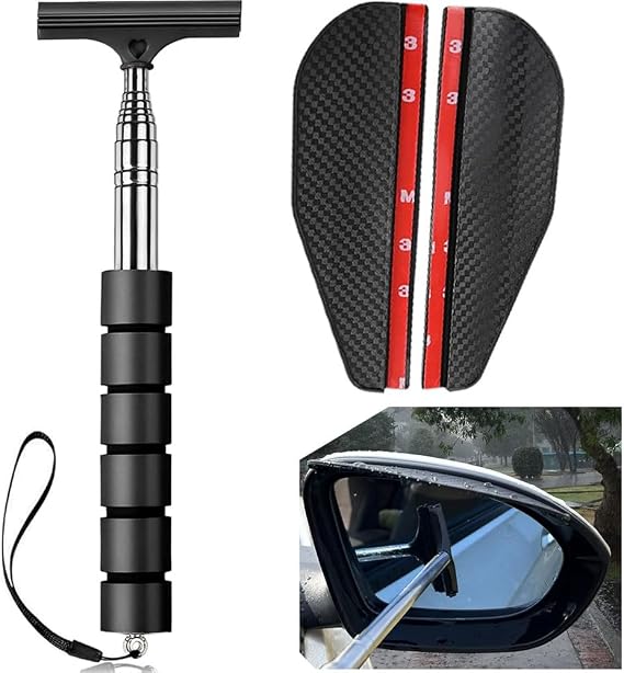 3Pcs Car Side Mirror Squeegee and Rain Guard, Retractable Car Rearview Mirror Wiper Mini Squeegee Water Cleaner with Telescopic Long Rod Rain Covers for Rainy Foggy Weather (Black)