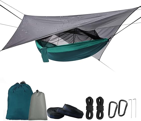 Camping Hammock with Mosquito Net & Rain Fly Tent Tarp & Tree Straps Portable Strong Nylon Hammock Tent w/Storage Bag for Camping Hiking Backyard Outdoor Backpacking Travel