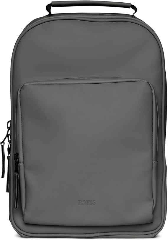 RAINS Book Daypack Regular Grey Laptop Backpack for Men and Women, Waterproof Black Minimalist Commuter Bag with 15-16"