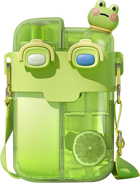Cute Water Bottle, 780ml Kawaii Dual Chamer Water Bottle with Straw & Adjustable Strap, Double Drinking Water Bottles, Leakproof Sports Water Bottle for Girls Outdoor School (Frog)