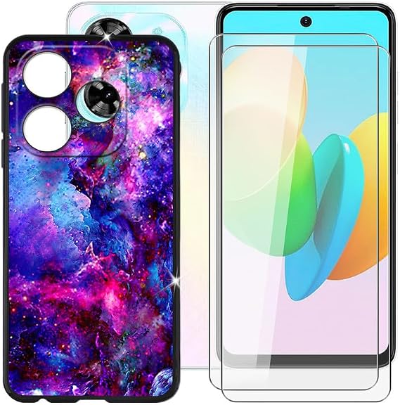 Case for Tecno Spark 20C (6.60 Inches) + 2 Pack HD Tempered Glass Phone Case Cover Soft Silicone Black TPU Protective Bumper – Starry Night