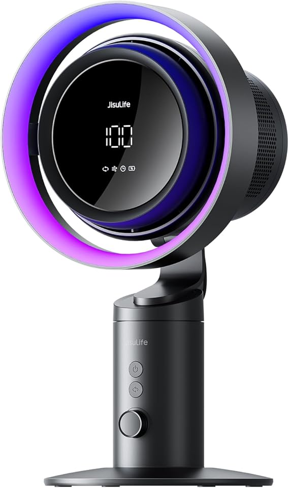 JISULIFE 3-in-1 Table Fan Pro3:Desk Fan with H11 Air Purifier and RGB Light | 100-Speed, 120 Oscillating, 10000mAh Battery, HEPA Filter, 7-Color RGB Light,Multi-functional Fan for Office/Gaming/Bedroom