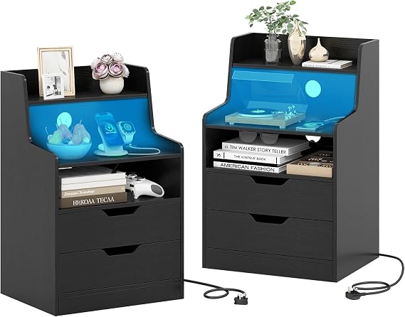 COSTWAY LED Bedside Table with Charging Station, Smart Nightstand End Sofa Side Table with RGB Light Color, 2 Drawers & Storage Shelves, Bedside Cabinet Chest for Living Room Bedroom (2, Black)