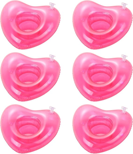 LIYDE 6 Pack Pink Heart Drink Floaties - Inflatable Floating Drink Holder for Swimming Pool Party Decorations and Pool Accessories for Adults