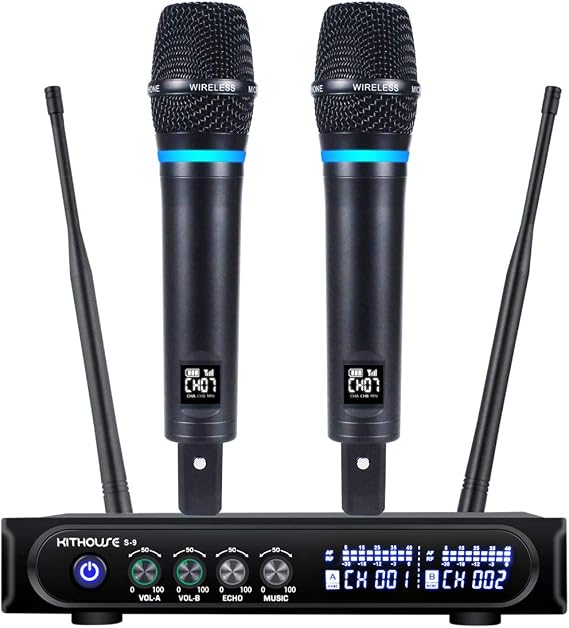 S9 UHF Rechargeable Wireless Microphone System Karaoke Microphone Wireless Mic Cordless Dual with Bluetooth Receiver Box + Volume Control ECHO for Karaoke Singing Speech Meeting Church, 200FT