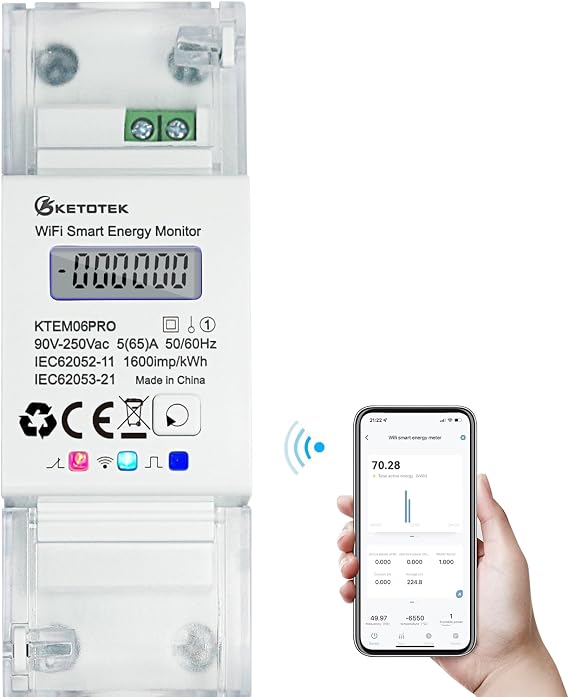 KETOTEK Smart Energy Meter Single Phase Digital Electric Meter DIN Rail Bidirectional Measuring, WiFi KWh Meter 5(65) A 90-250V, Energy Monitor Alexa Google Assistant Tuya App Compatible