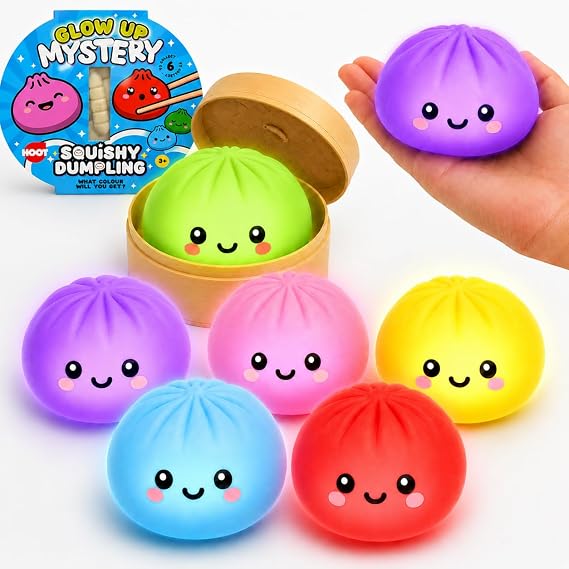 Glow in Dark Dumpling Toy 8.5cm - 1x Random Mystery Surprise Bao Bun Dumpling with Steamer Box, Air Filled Squishy Viral Dumpling, Fidget Toys for Kids 3+