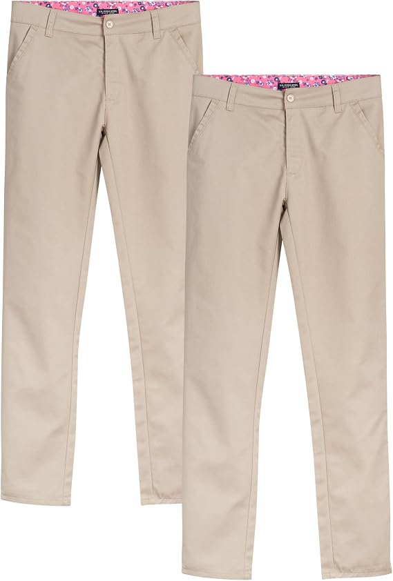 U.S. Polo Assn. Girls' School Uniform - Cotton Twill Khaki Jogger Pants (2 Pack)
