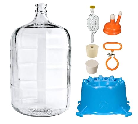 North Mountain Supply 5 Gallon Premium Italian Glass Carboy Fermenting Jug - with Drilled & Undrilled Rubber Stoppers, 6-Bubble Airlock, Carboy Dryer, Handle and Cap