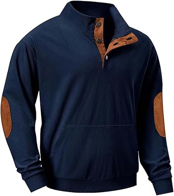 Mens Corduroy Sweatshirt 2025 Fall Casual Button Up Mock Neck Sweater Shirt Lightweight Long Sleeve Pullover Tops