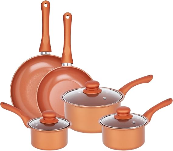 Gr8 Home Copper 8 Piece Carbon Steel Non-Stick Cookware Set with Frying Pans, Saucepans & Lids for Everyday Cooking