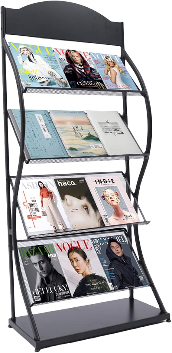 Floor-Standing Magazine Rack Information Rack Storage Rack Newspaper Rack Display Rack Manual Book Rack Single Page Simple Iron, 4-Layer Book Display Shelf+Billboard, Document Holder (Black)