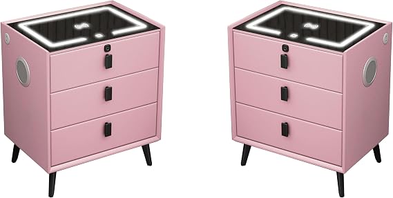 Smart Nightstand Set of 2 with Speaker and Fingerprint Lock,Modern Bedside Table with Wireless Charging,Tri-Color LED Light Bedroom Side Table.,Pink,3 Drawers