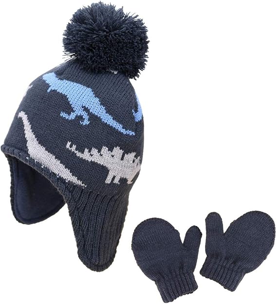 Baby Toddler Kids Winter Hats and Gloves Set Knit Earflap Beanie Warm Fleece Cap for Boy Girl