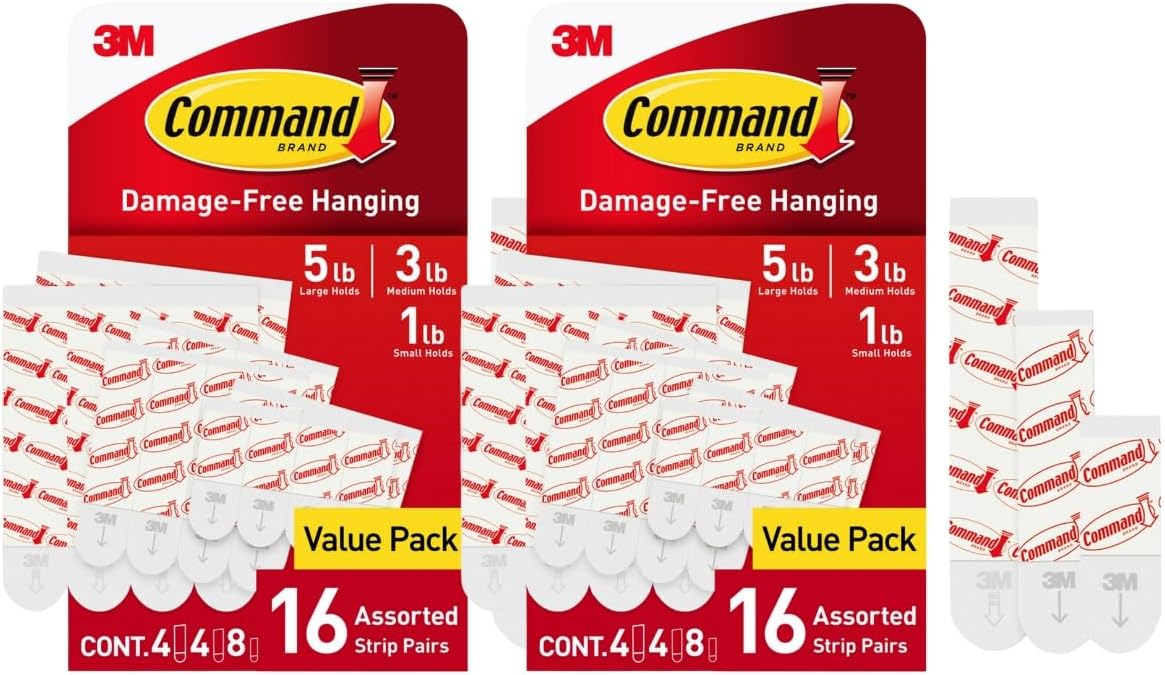Command Replacement Adhesive Strips – 8 Small, 4 Medium, 4 Large, Damage-Free Hanging for Hooks and Clips, 16-Count Pack of 2