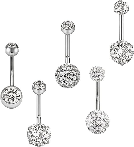 Belly Button Bars - 5 Pcs Silver Stainless Steel Belly Bar Set, Stylish Navel Piercing Jewellery for Women Girls, Comfortable Daily & Party Wear