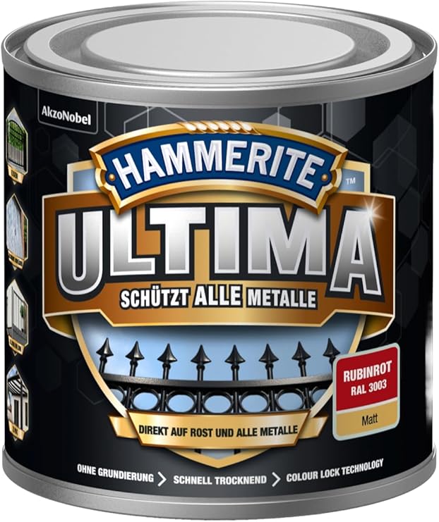 Hammerite Ultima Matt Metal Protective Paint High Quality Protective Paint for All Metals Outdoor Ruby Red RAL3003 250 ml