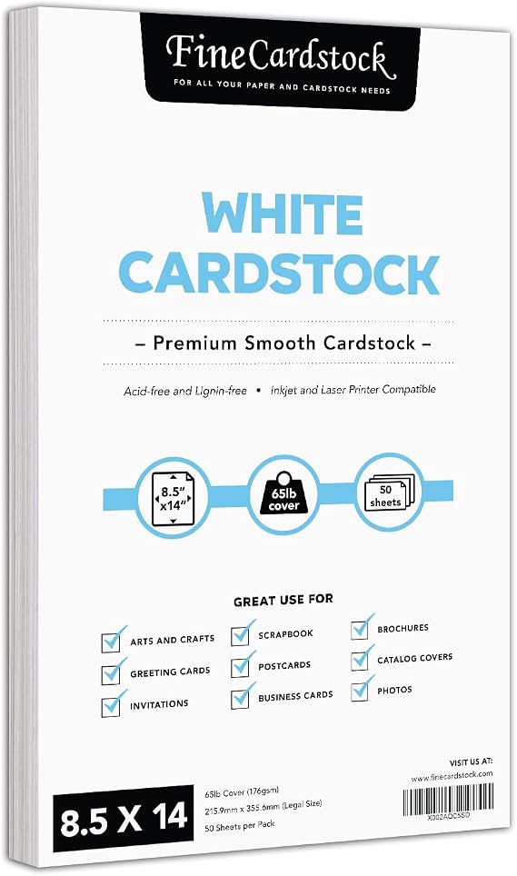 8 1/2 x 14" White Legal Size Card Stock Paper - Premium Smooth 65lb Cover Cardstock - Perfect for Documents, Programs, Menus Printing | 50 Sheets Per Pack