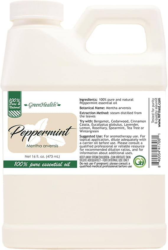 GreenHealth Peppermint Essential Oil 16 fl oz | 100% Pure & Uncut | Heavy-Duty Plastic Jug | FDA Compliant, Space-Saving Container | for Aromatherapy, Soap, Candles, Cleaning, DIY