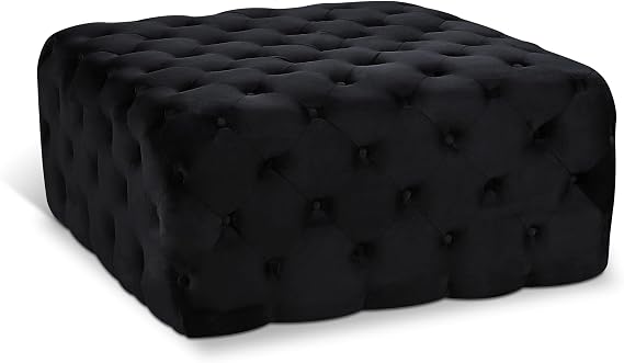 Meridian Furniture Ariel Collection Modern | Contemporary Black Velvet Upholstered Ottoman/Bench with Deep Button Tufting, Solid Wood Frame, Square,