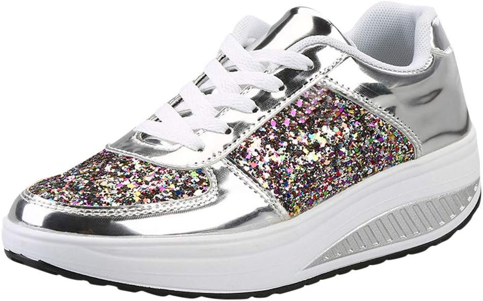 Womens Fashion Platform Sneakers,Casual Lace Up Shoes Women's Glitter Platform Wedge Athletic Tennis Walking Shoes Sparkly Sequin Lightweight Non Slip Comfort Fashion Sneakers