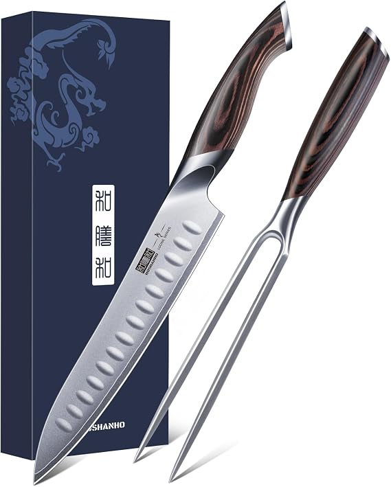 HOSHANHO 8 Inch Carving Knife & 7 Inch Fork Set, Razor Sharp Slicing Knife