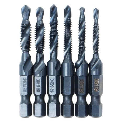 6 Pack Drill Tap Bit Set Black Nitride Coated SAE 6-32 to 1/4-20 NC Combo | Drill and tap in one step, black nitride coating for durability, SAE sizes for metal/wood/plastic fits power drills & drivers