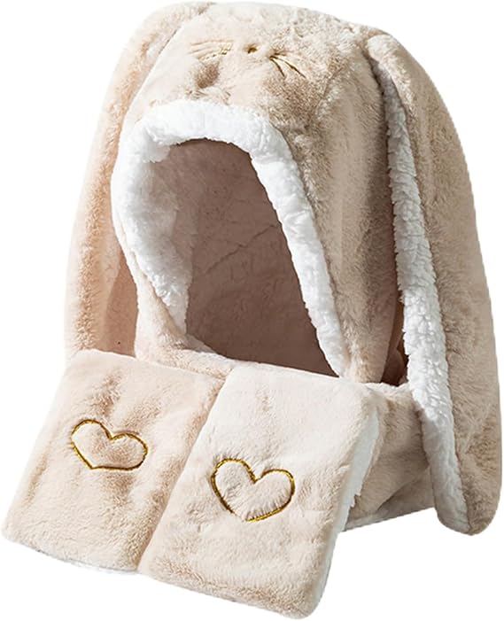 Women Kawaii Bunny Ear Beanie Hat Scarf Glove 3 in 1, Cute Winter Warm Sherpa Fleece Fuzzy Japanese Fluffy Rabbit Hat