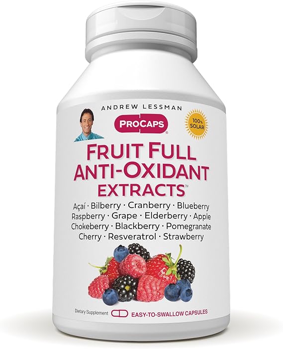 ANDREW LESSMAN Fruit Full Anti-Oxidant Extracts 60 Capsules - 14 Natural Fruit and Berry Extracts. Bilberry, Cranberry, Grape Seed, Pomegranate, Resveratrol, and More. Easy to Swallow Capsules | Antioxidant Formula with 14 Standardized Fruit & Berry Extracts, Including Bilberry, Cranberry, Grape Seed & Resveratrol.