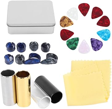 Guitar Accessories Kit, Complete Set with 10 Picks 4 Sliders 8 Finger Cots in Iron Box Gift Packaging, Guitar Starter Kit for Beginners Musicians Gift Giving and Practice Sessions