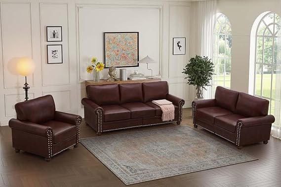 Tomkate 3-Piece Living Room Sofa Set, Chesterfield Faux Leather Sofa, Loveseat & Chair with Scroll Arms, Nailhead Trim, Wood Legs, Modern Couch for Living Room, Office, Burgundy