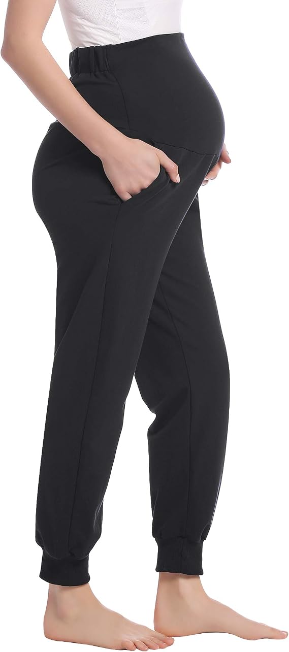 Joyaria Women's Cotton Maternity Jogger Pants Over The Belly with Pockets | Breathable Fabric, Lightweight Stretchy, Pregnancy & Postpartum ,Workout/Casual Pants