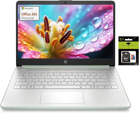 HP 14" Student-Laptop, Copilot AI 1 Year office365 Intel Processor N150(Up to 3.6GHz) 8GB RAM 256GB Storage(128GB UFC + 128GB Ghost Manta SD Card) Computer with Wi-Fi 6 Win11 Willow Green