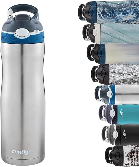 Contigo Ashland Chill Autospout Water Bottle with Flip Straw, Stainless Steel Thermal Drinking Bottle,Leakproof,Grey, BLue, 590 ml