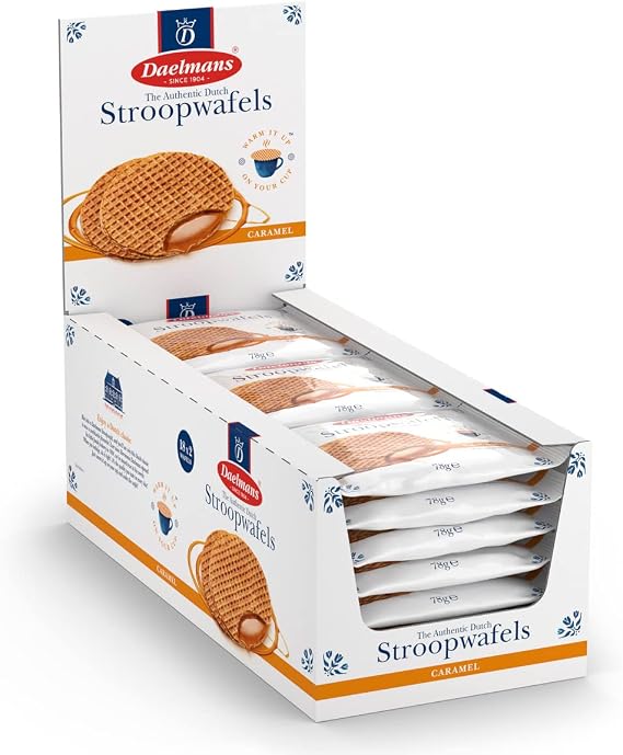 Daelmans Stroopwafels Display Box, 36 (18x2) Dutch Caramel Waffles, 9cm Diameter, Classic Coffee Snack