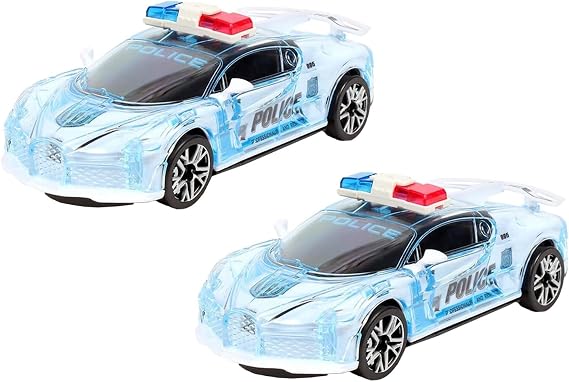 MSQUARE Transparent White Police Toy Car, Pull-Back Mechanism, Eye Catching Design, Flashing LED Light With Police Siren Sound, Long Lasting Fun, (2pcs)
