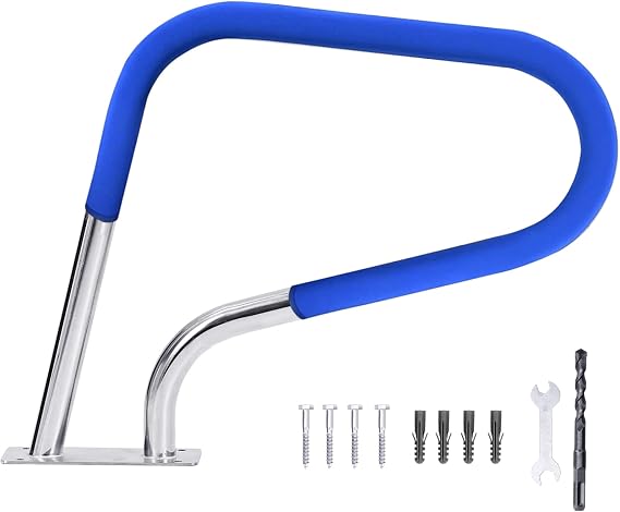 PioneerWorks Swimming Pool Handrails 30" x 22 "Pool Railings for Inground Pools, 304 Stainless Steel Load Capacity 385 LBS, Non-Slip Pool Handrail with Blue Handle Covers and Quick Install Fittings