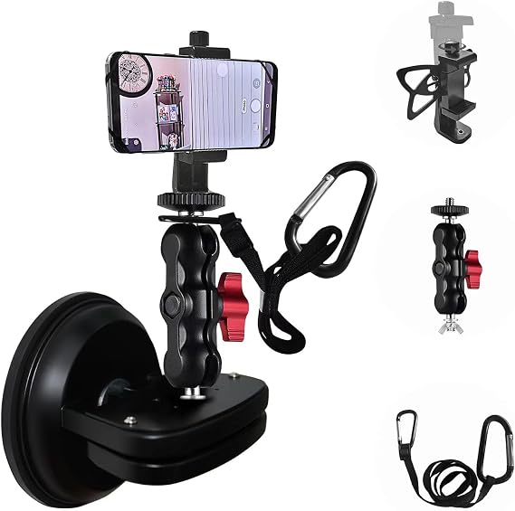 Ultra-Strong Suction Cup Camera Mount 360 Ballhead with Safety Tether for DSLR/GoPro, 15 lbs Load Capacity, Works on Glass/Car/Dashboards (2025 Pro Kit w. Phone Holder & Magic Arm)