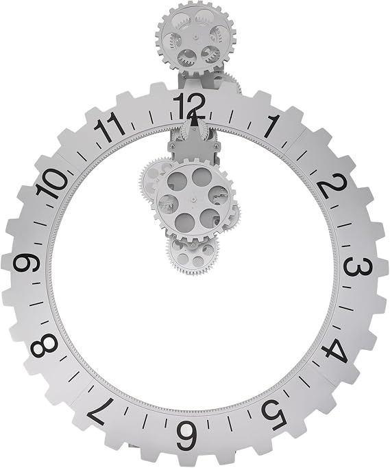 PerGar Large Wall Clock with Moving Gears, 3D Moving Gear Wall Clock, Industrial Silent Mechanical Gear Wall Clock, Hanging Gear Clock for Living Room, Reading Room, Restaurant(Silver)