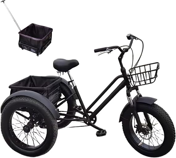 Fat Tire Tricycle, 20" Adult Shopping Tricycle, 7 Speed Cruise Bike with Large Basket Ideal for Outdoor, Shopping, Picnic