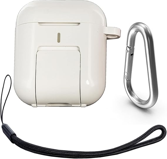 Protective AirPod Case Cover with Kickstand Phone Holder by Square Jellyfish - Military Grade Airpod Hard Case Cover with Phone Cradle for Hands Free Viewing - Fits Airpods 1 & 2 - White Protector