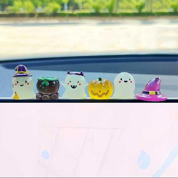 Funny Halloween Car Dashboard Decorations, Rear View Mirror Accessories Cute Car Accessories, 6Pcs Luminous Zombie Ghost Pumpkin Ornaments Dash Decor