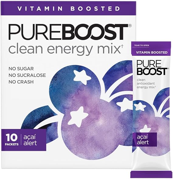 Pureboost Sugar-Free Clean Energy Booster, Acai Alert 10 Count, Refreshing Energy Drink Mix with B12 Vitamins, Electrolytes, Antioxidants, No Sucralose