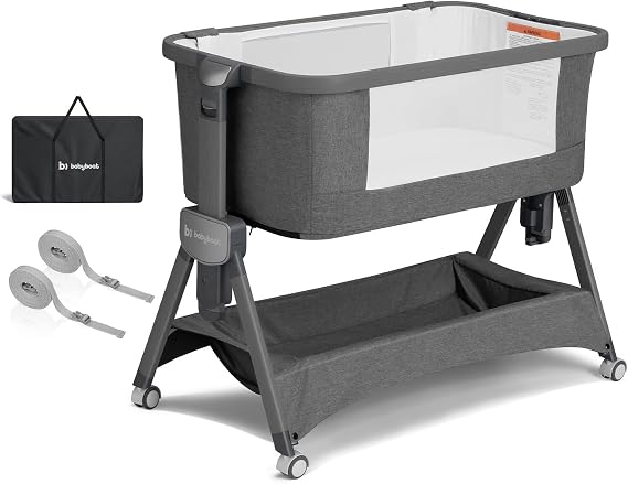 babyboat Baby Bedside Bassinet 3 in 1 Collapsible Portable Baby Bassinet with Storage Basket, Movable Wheels 5 Height Adjustable Bedside Sleeper for Newborn Baby - Grey