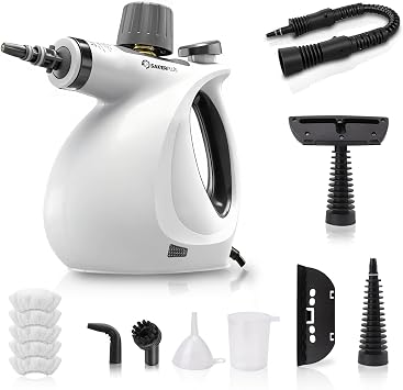 SakerPlus Steam Disinfection Cleaner, Handheld Pressurized Steamer with 9-Piece Accessories for Multi-Surface Cleaning, Natural Sanitization for Kitchen, Floor (1 x Steam Cleaner Kit + 4 Fiber Cloths)