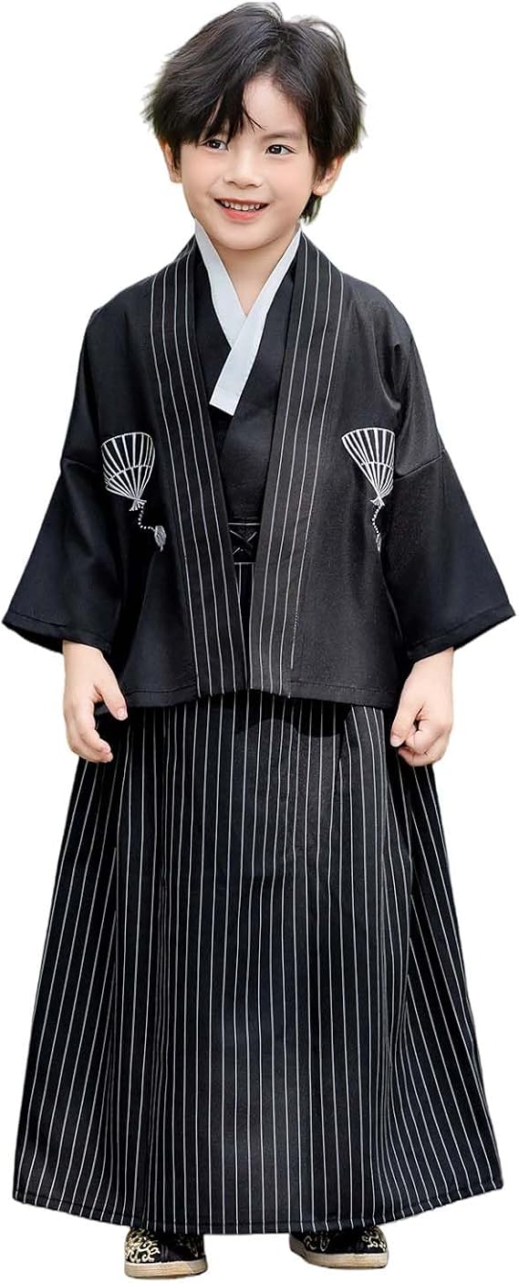 Boy Kimono Set Samurai Costume Suits Japanese Warrior Top Coat Vest Pants | Kids Kimono Outfit Long Sleeve Coat Vest Skirt Anime Cosplay Halloween Costume Girls Kimono Clothes Set