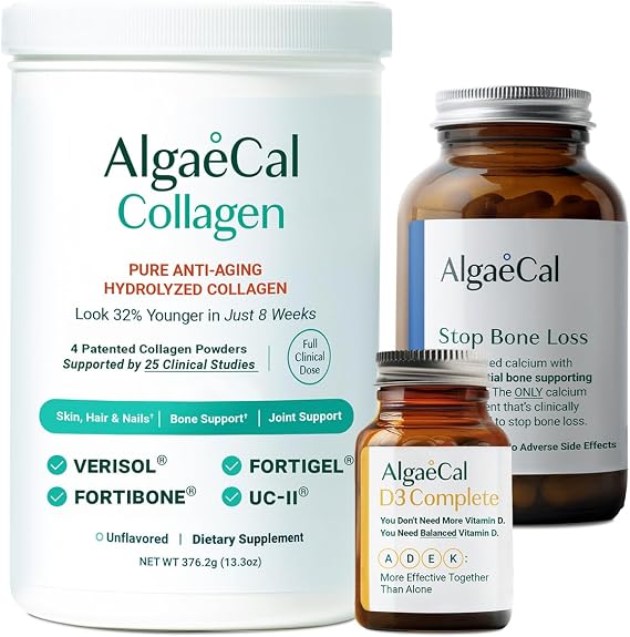 ALGAECAL Calcium, Vitamin D3 & Collagen Bundle Collagen with Clinically-Supported Verisol, Fortibone & Fortigel, Plus 13 Bone Supporting Minerals and Vitamin ADEK for Bone Health & Anti-Aging