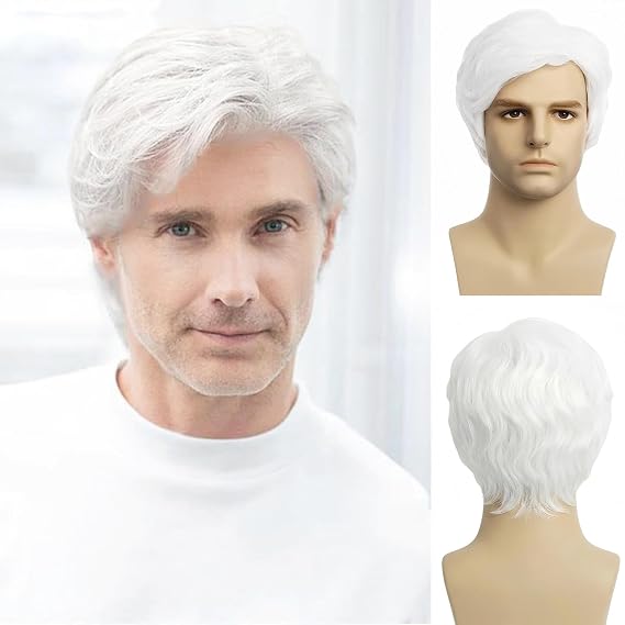 Men's Wigs White Short Wigs Natural Looking Heat Resistant Synthetic Hair with Adjustable Cap Black 180g